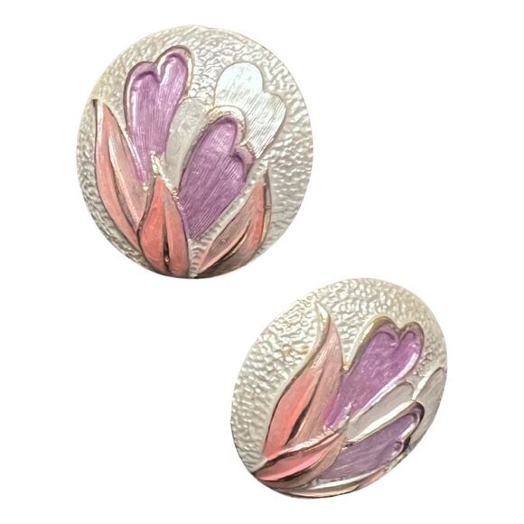 Post Modern Pastel Flower Dome Brooch & Clip In Floral Earrings Jewelry Set - Picture 3 of 6